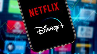 A phone showing the Netflix and Disney Plus logos