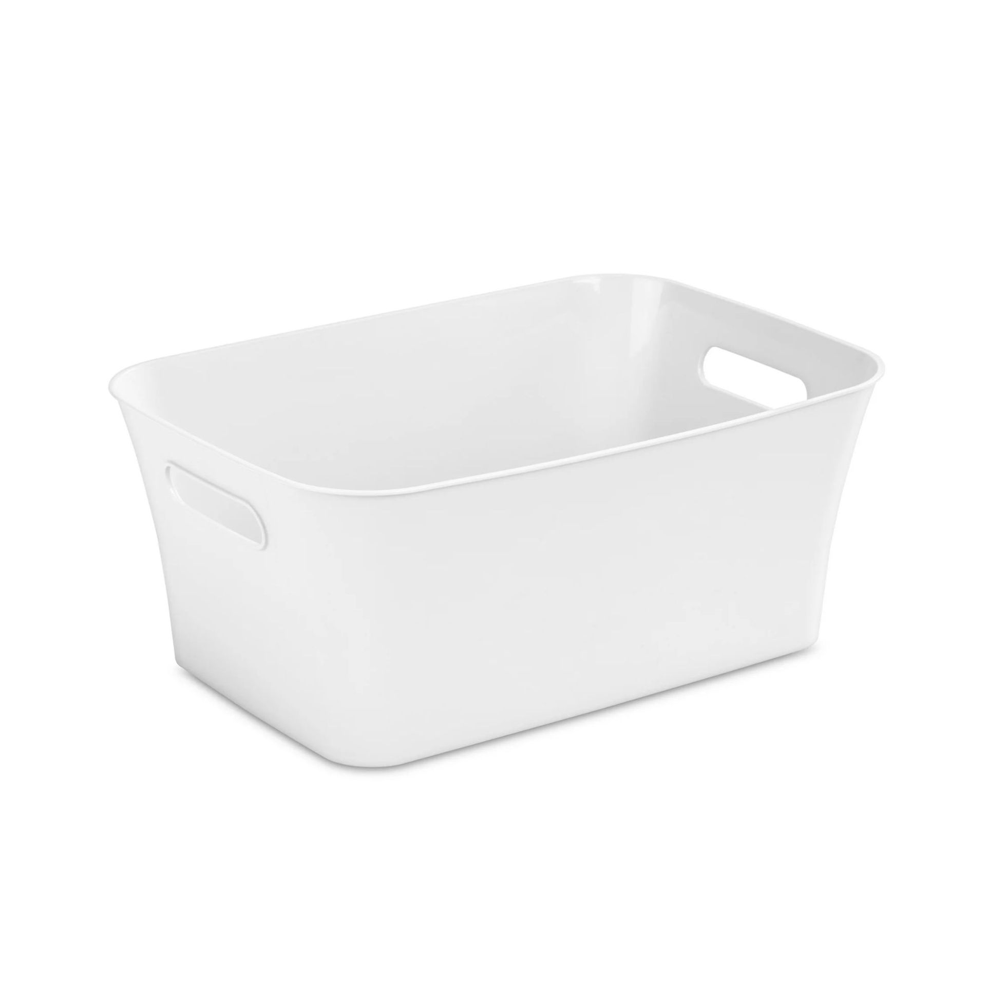 A curved white storage bin with handles