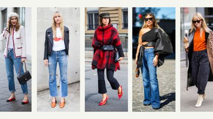 Composite image of six women snapped on the street wearing different jeans to illustrate how to style jeans