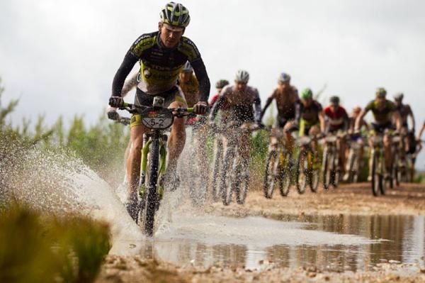 Robert Mennen of Topeak Ergon leads the group during stage 5 of the 2012 Absa Cape Epic Mountain Bike stage race from the Overberg Primary &amp; High School in Caledon to Oak Valley Wine Estate in the Elgin Valley, South Africa on the 30 March 2012