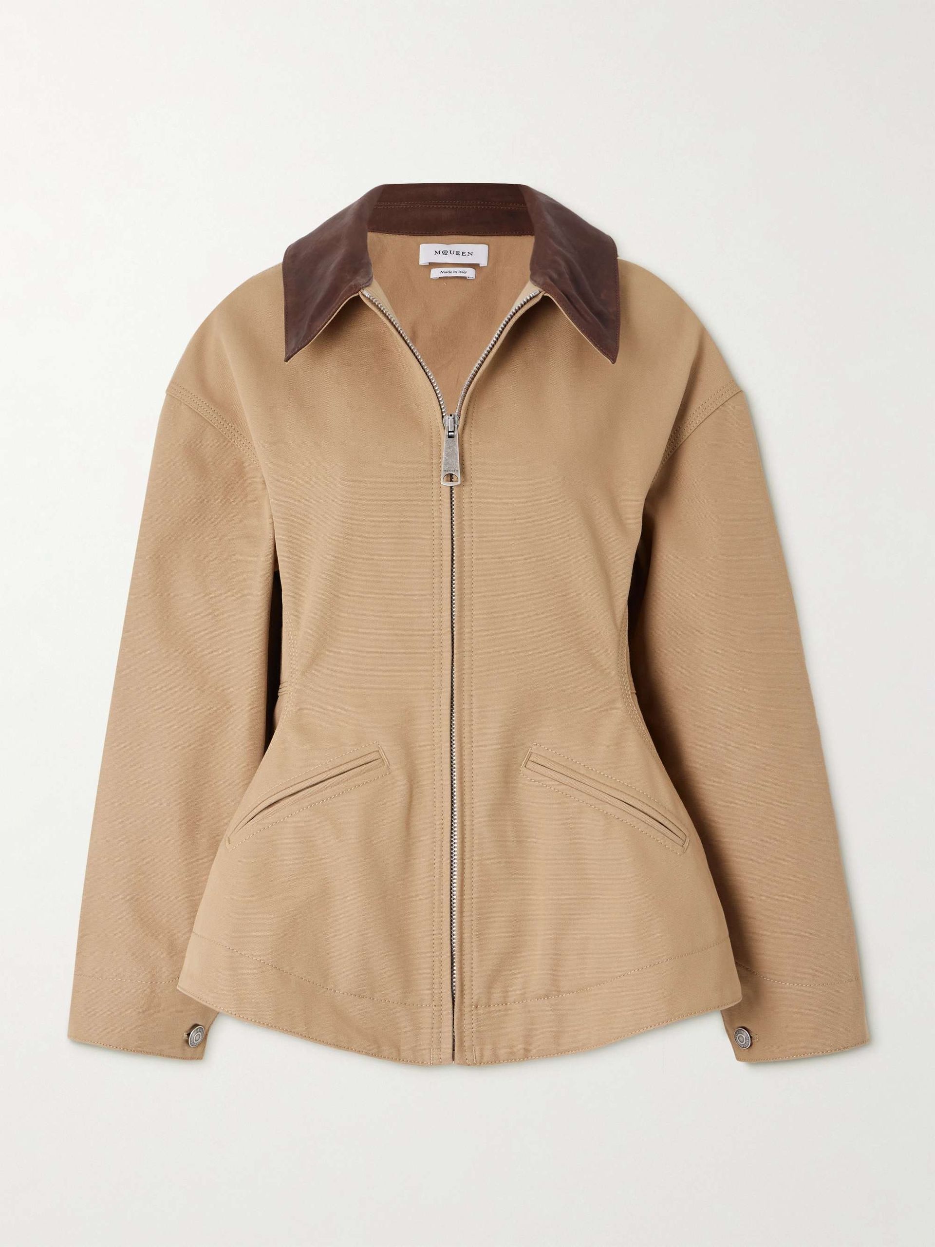 Leather-Trimmed Cotton-Canvas Peplum Jacket