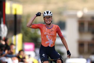 ALPE DHUEZ FRANCE AUGUST 18 Demi Vollering of The Netherlands and Team SD Worx Protime celebrates at finish line as stage winner during the 3rd Tour de France Femmes 2024 Stage 8 a 1499km stage from Le GrandBornand to Alpe dHuez 1828m UCIWWT on August 18 2024 in Alpe dHuez France Photo by Alex BroadwayGetty Images