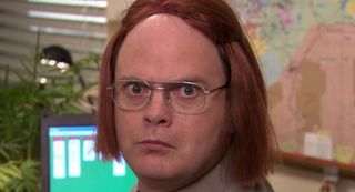 Dwight wearing a Meredith wig in The Office