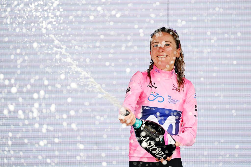 CERES ITALY JULY 04 Annemiek Van Vleuten of The Netherlands and Movistar Team Pink Leader Jersey celebrates at podium during the 34th Giro dItalia Donne 2023 Stage 5 a 1056km stage from Salassa to Ceres UCIWWT on July 04 2023 in Ceres Italy Photo by Dario BelingheriGetty Images