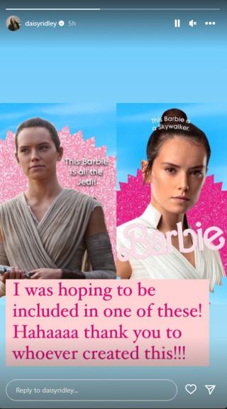 Daisy Ridley excitedly reposting two Barbie posters with her Star Wars character on them