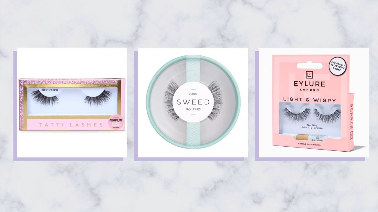 Collage of three of the best false eyelashes by eylure, tatti lashes and sweed on a marble backdrop