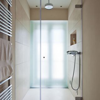 bathroom with shower room and frosted glass