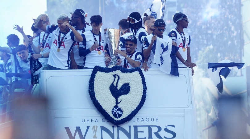 Tottenham players celebrate with the Europa League trophy on a parade two days after their victory over Manchester United in the final in Bilbao.