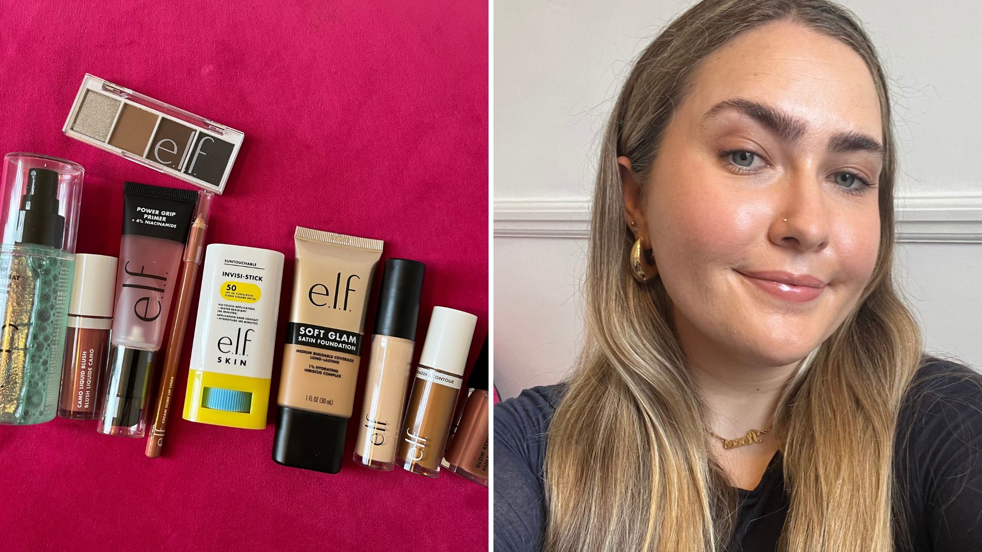 selection of elf holy grail products and amelia with a full face of elf makeup