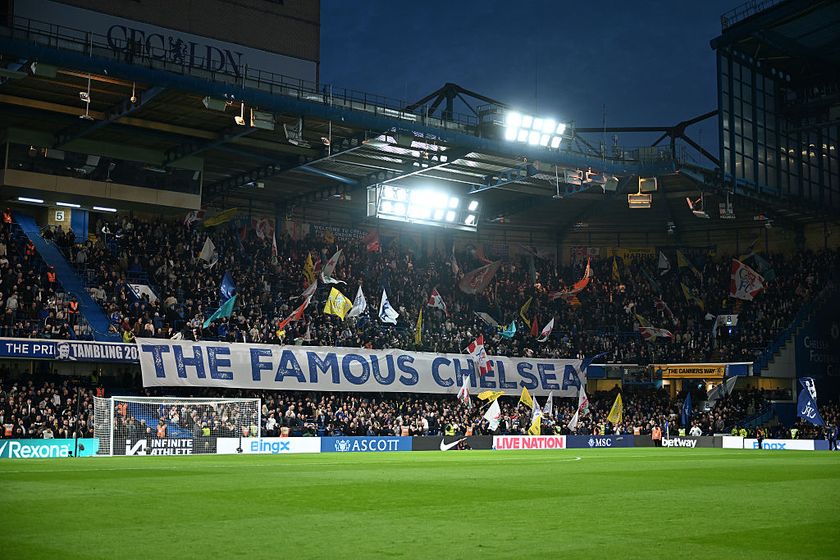 LONDON, ENGLAND - APRIL 03: A general view as fans of Chelsea wave flags and display a banner reading THE FAMOUS CHELSEA prior to the Premier League match between Chelsea FC and Tottenham Hotspur FC at Stamford Bridge on April 03, 2025 in London, England. (Photo by Darren Walsh/Chelsea FC via Getty Images)
