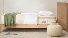 A hypoallergenic mattress, the Birch Luxe Natural, on a bed.