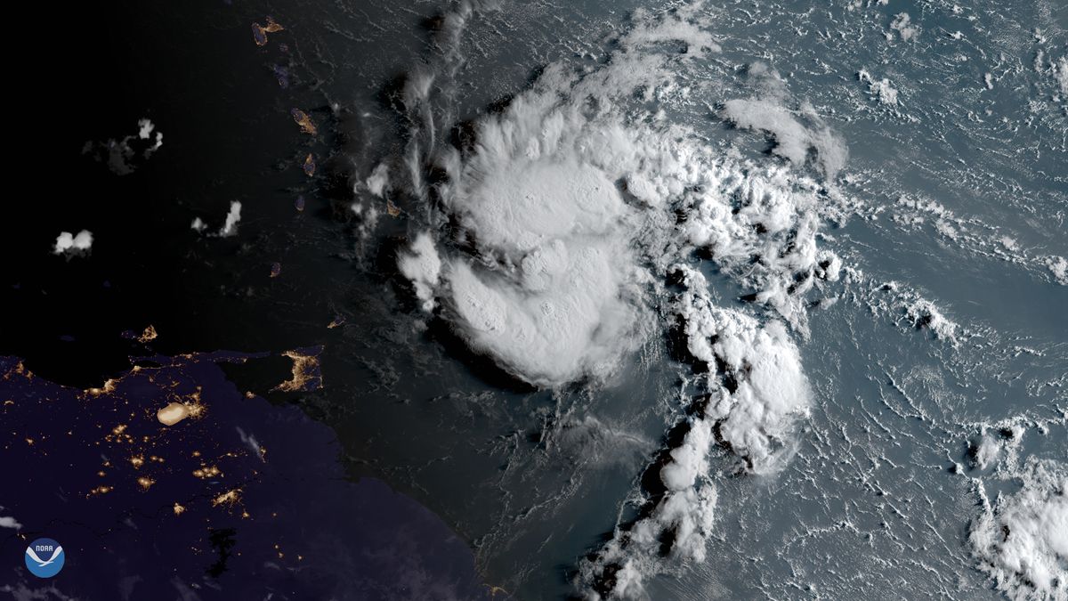 Tropical storm Dorian as seen on the morning of Aug. 26 overlaid on nightlights from several islands including Barbados and St. Lucia. Tropical storm Dorian turned into a hurricane on the afternoon of Aug. 28 near St. Thomas in the U.S. Virgin Islands.