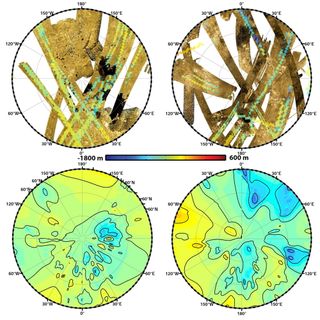 These polar maps show the first global, topographic mapping of Saturn's moon Titan, using data from NASA's Cassini mission. To create these maps, scientists used a mathematical process called splining, which uses smooth curved surfaces to "join" the areas between grids of existing topography profiles obtained by Cassini's radar instrument.