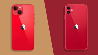 iPhone 14 in red next to iPhone 11 in red on split color backdrop