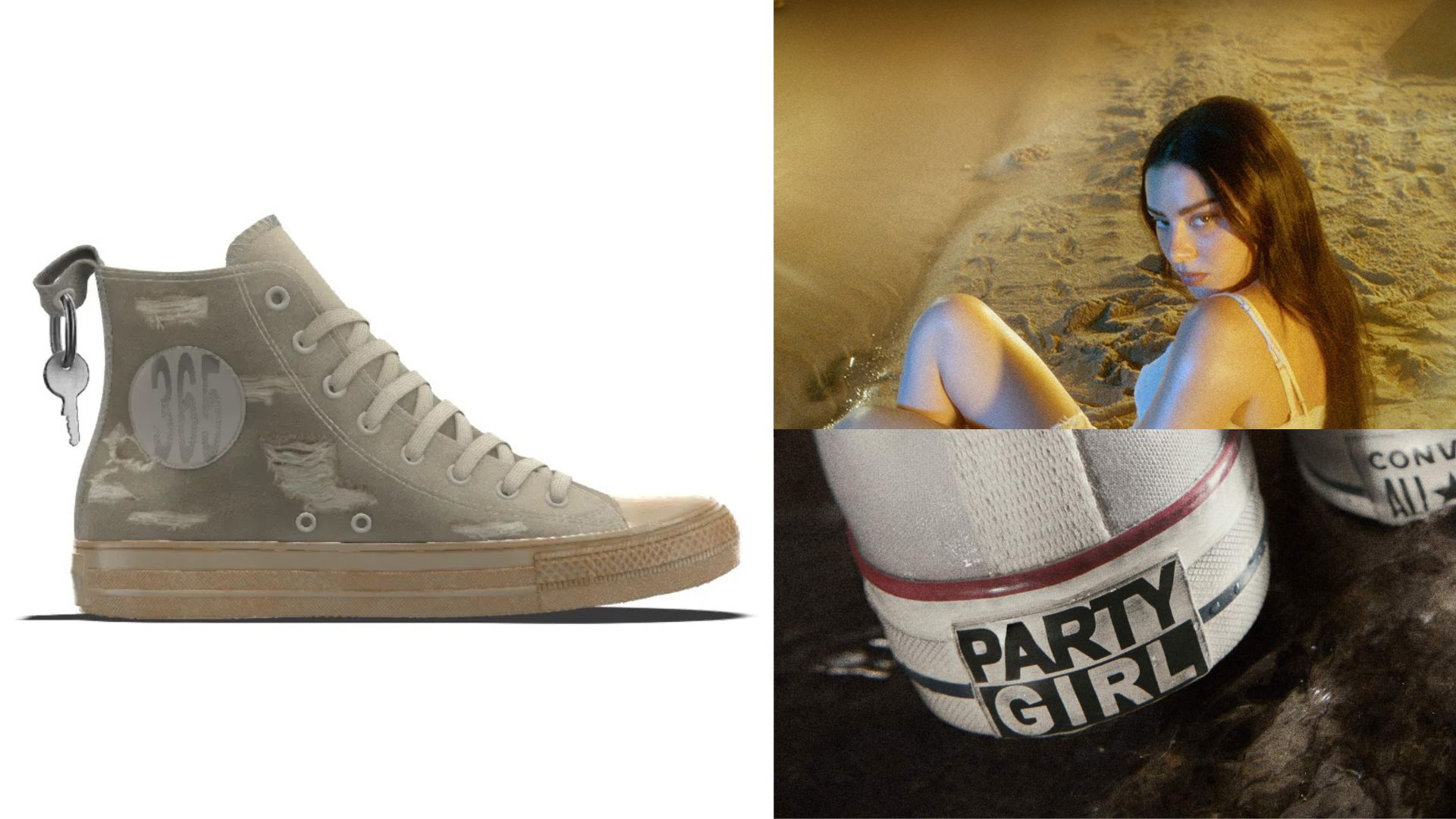 Three photos sliced together. On the left is a converse, the right in the top is Charli xcx and then underneath a pair of Converse with Party Girl on the heel 