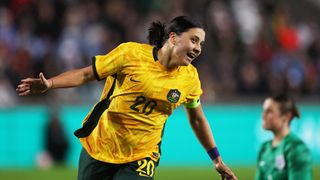 Sam Kerr of Australia celebrates after scoring ahead of Australia vs Denmark in the Women's World Cup 2023 Round of 16 knockout game.