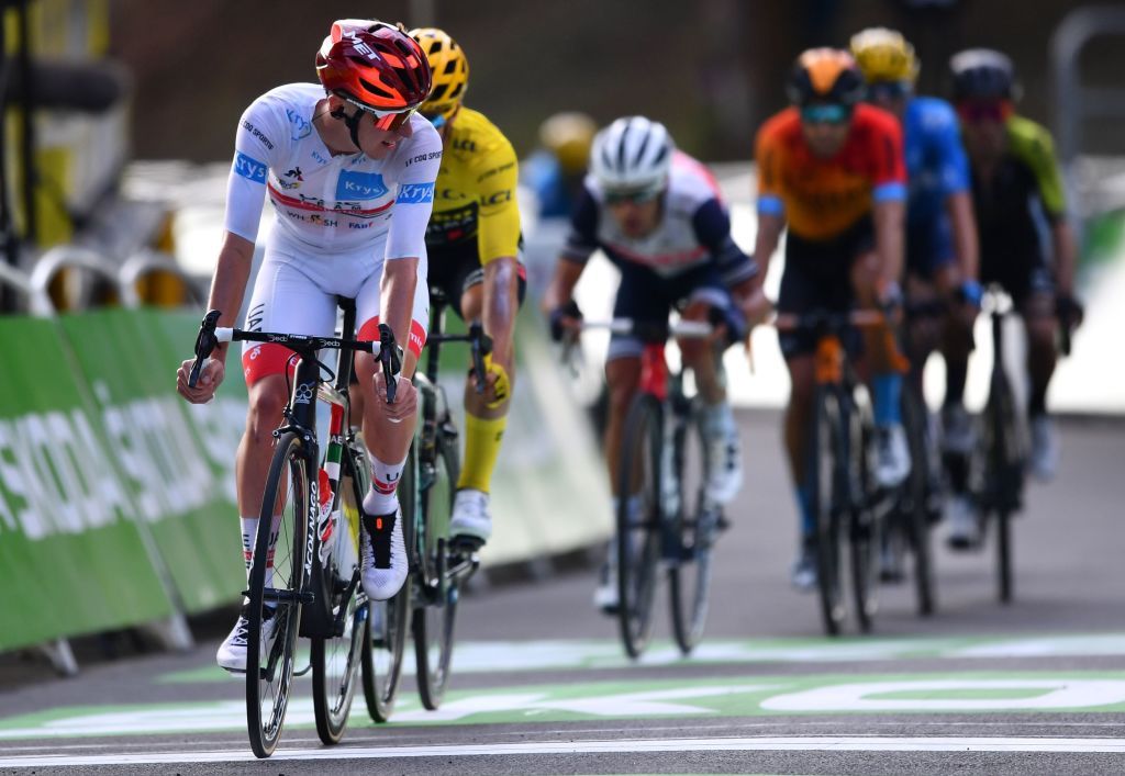 Team UAE Emirates rider Slovenias Tadej Pogacar wearing the best youngs white jersey and Team Jumbo rider Slovenias Primoz Roglic wearing the overall leaders yellow jersey sprint at the end of the 16th stage of the 107th edition of the Tour de France cycling race 164 km between La Tour du Pin and VillarddeLans on September 15 2020 Photo by Stuart Franklin AFP Photo by STUART FRANKLINAFP via Getty Images