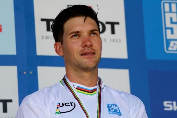 Downhill world champion Greg Minaar (South Africa) on the podium