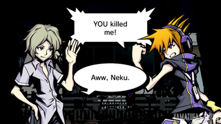 best Nintendo DS games – the world ends with you characters Neku and Joshua arguing, Neku shouting "you killed me" and Joshua saying "aww, Neku"