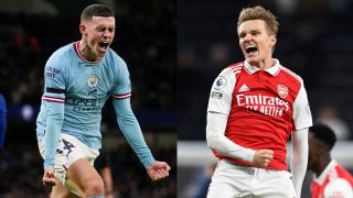 Phil Foden of Manchester City and Martin Odegaard of Arsenal pictured celebrating after scoring, ahead of this weekend's big Manchester City vs Arsenal Premier FA Cup showdown.