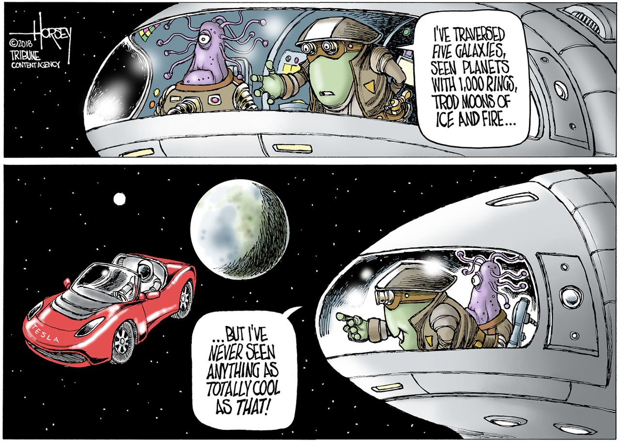 Editorial cartoon World SpaceX Tesla Falcon Heavy space aliens