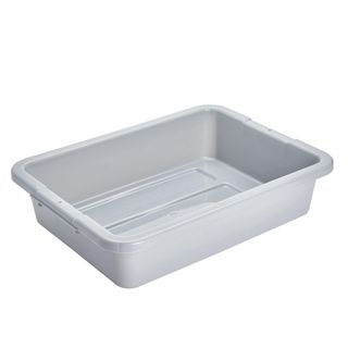 A rectangular light gray plastic tub with curved edges, photographed at an angle
