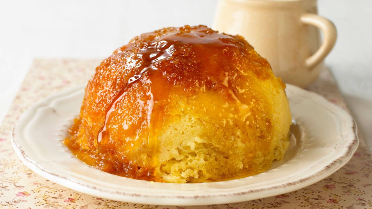 lemon sponge pudding on a serving plate