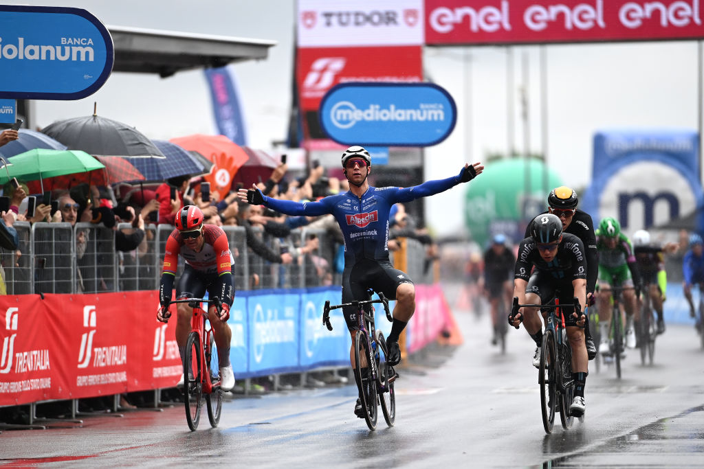 SALERNO ITALY MAY 10 Kaden Groves of Australia and Team AlpecinDeceuninck C celebrates at finish line as stage winner during the 106th Giro dItalia 2023 Stage 5 a 171km stage from Atripalda to Salerno UCIWT on May 10 2023 in Salerno Italy Photo by Tim de WaeleGetty Images
