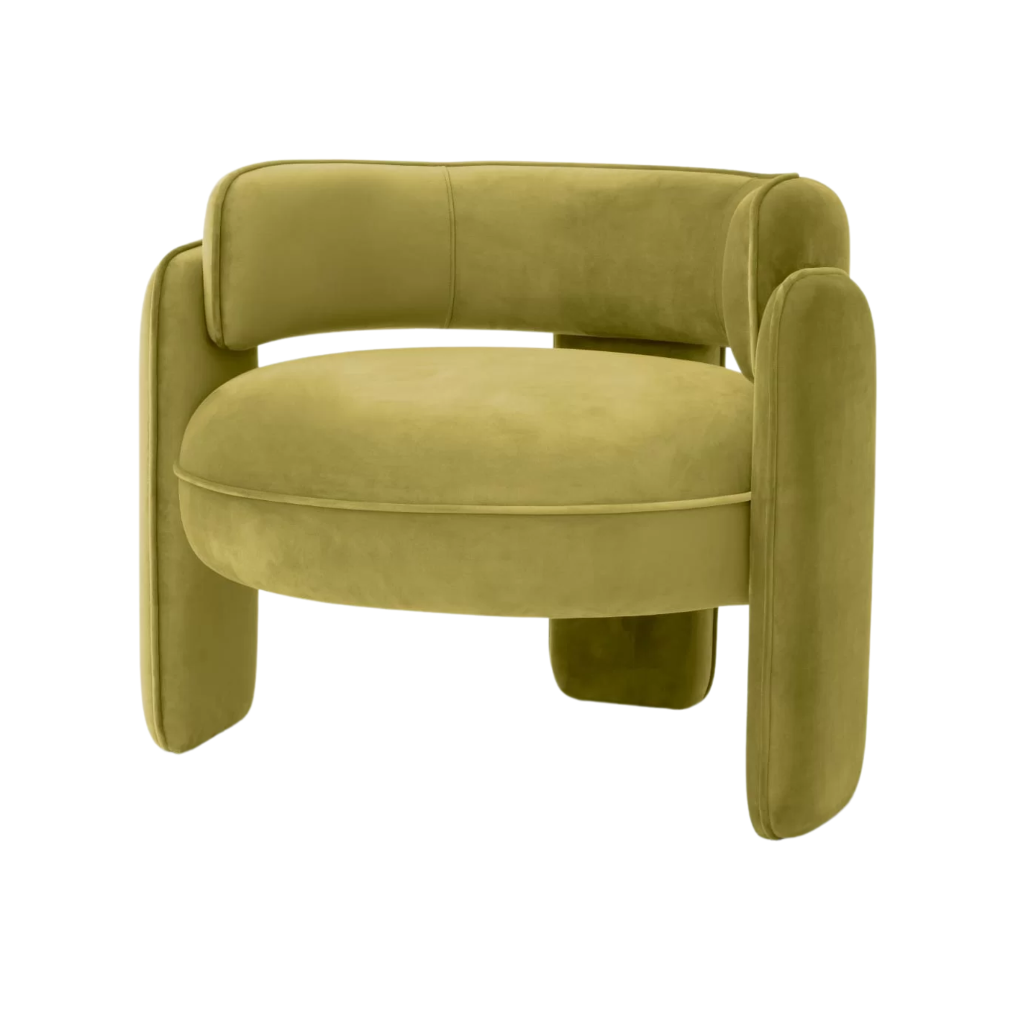 an olive green accent chair in plush velvet with a curved seat back