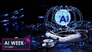 A glowing AI symbol hovers above a detailed CPU and circuit board.