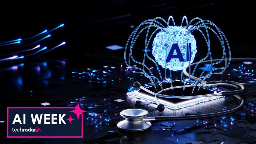 A glowing AI symbol hovers above a detailed CPU and circuit board.