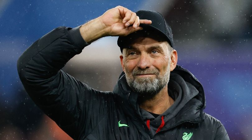 Jurgen Klopp gestures after Liverpool&#039;s game against Aston Villa in May 2024.