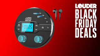 A portable CD player on a red background