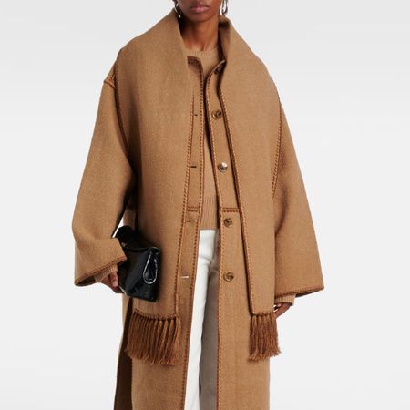 Woman wears camel Toteme scarf coat