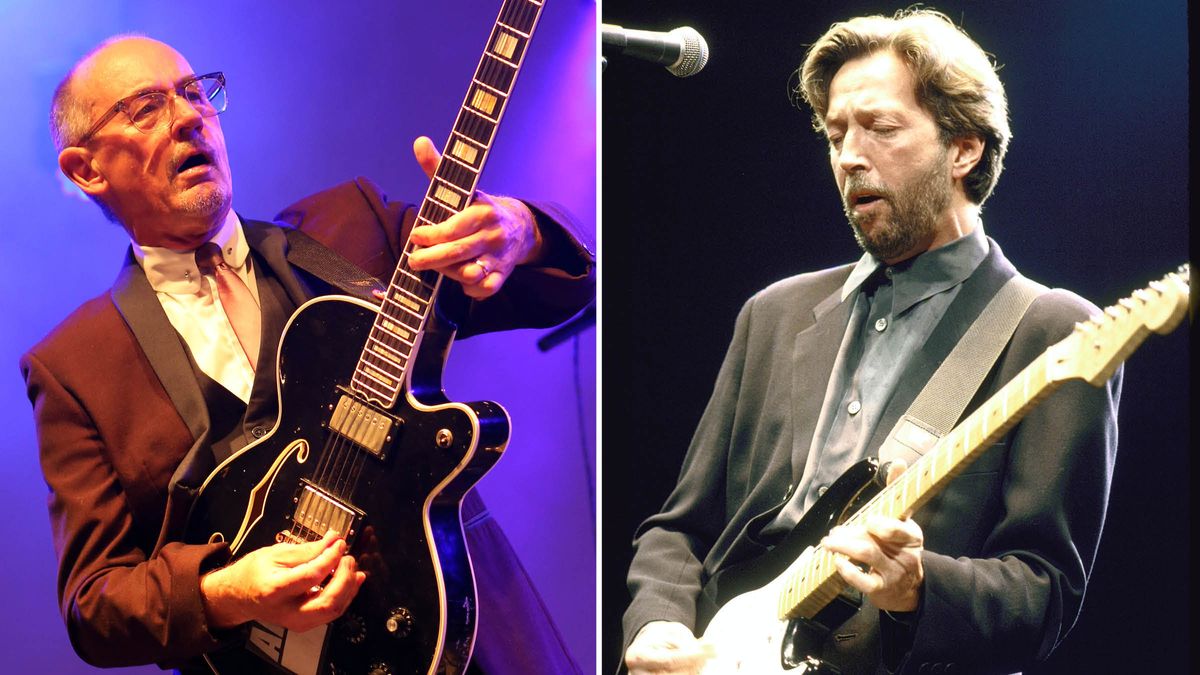 Andy Fairweather Low (left) leans into a note as he plays a solo on his black hollowbody electric; Eric Clapton (right) plays his Black Strat live in the early &#039;90s.