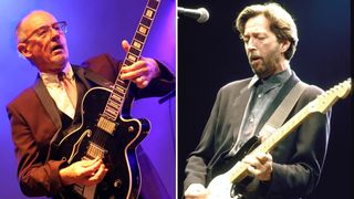 Andy Fairweather Low (left) leans into a note as he plays a solo on his black hollowbody electric; Eric Clapton (right) plays his Black Strat live in the early '90s.