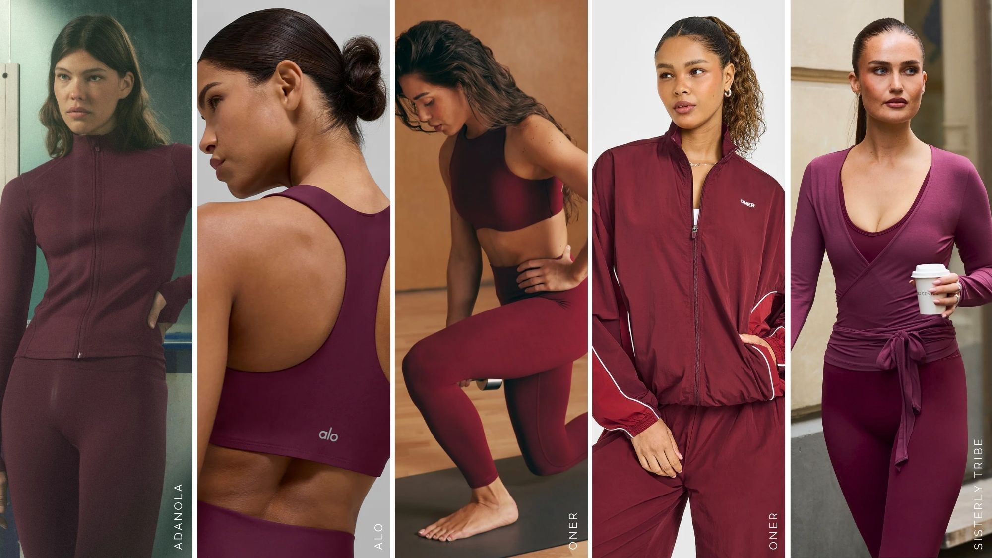 composite of five models wearing the best cherry red activewear from Adanola, Alo, Oner Active, Sisterly Tribe