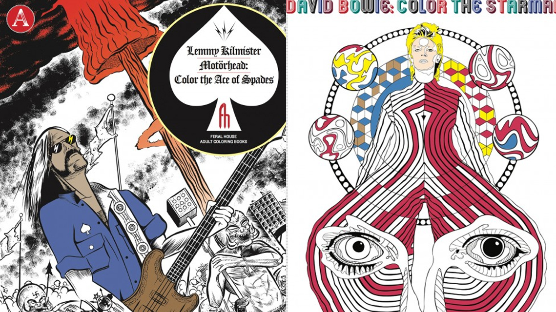 An image of the front covers of the Lemmy and David Bowie colouring books