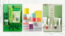 Collage of the best skincare gift sets from Trinny London, Murad and Tropic Skincare (L-R) on a white marble background with green swirls