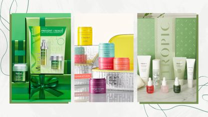 Collage of the best skincare gift sets from Trinny London, Murad and Tropic Skincare (L-R) on a white marble background with green swirls