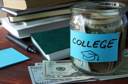 Jar with label and money on the table. Saving money concept.