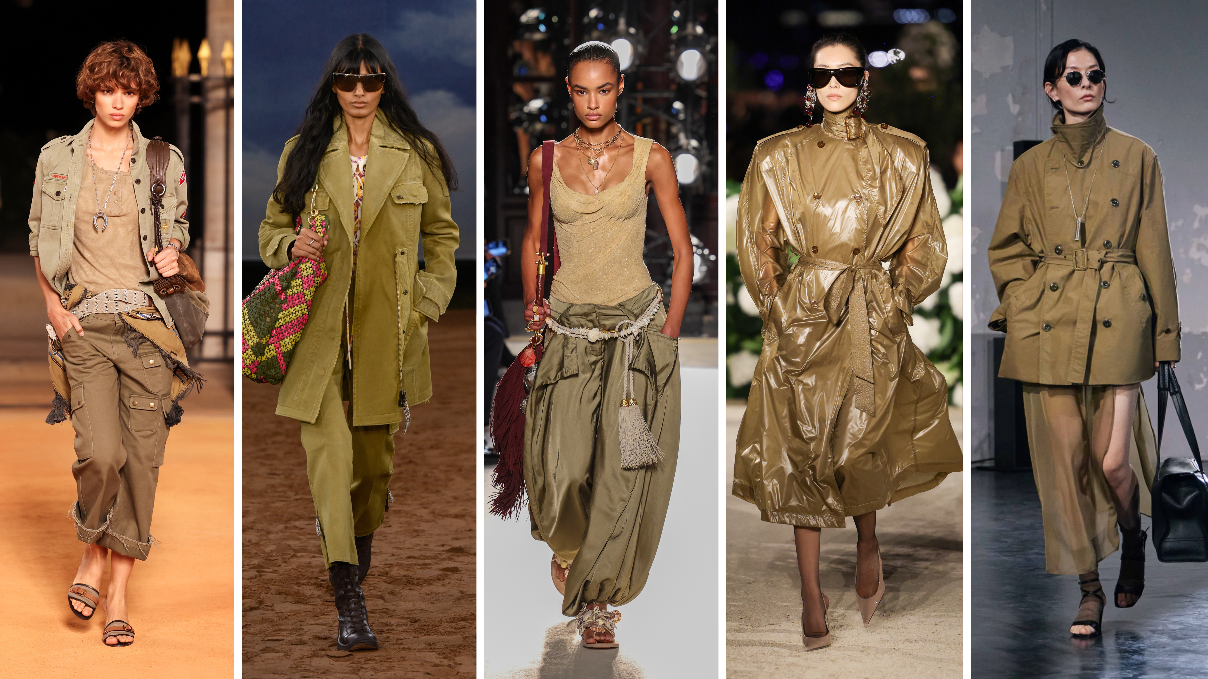 Khaki colours ss26 runway: Isabel Marant, Burberry, Balmain, Saint Laurent, Lemaire
