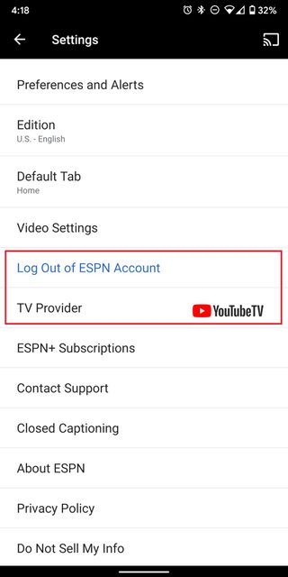 ESPN app for Android Settings Login options highlighted