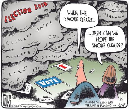 Political cartoon U.S. midterm election when the smoke clears climate change lies co2