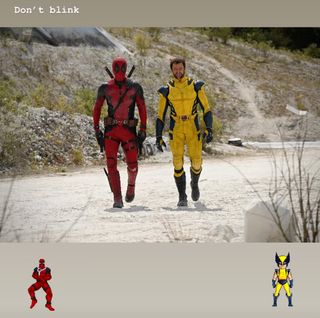 (L, R) Deadpool and Hugh Jackman as Wolverine, walking on a dirt road in Deadpool 3