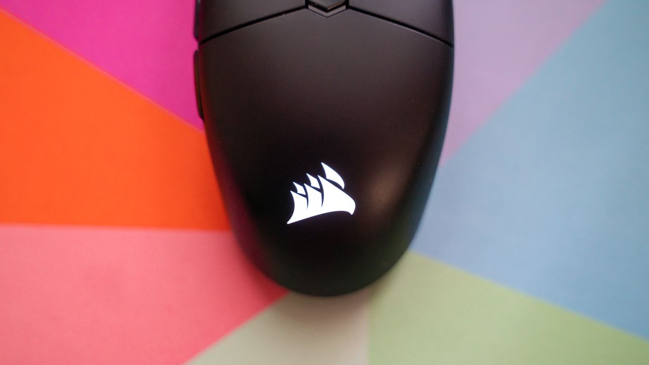 Corsair Katar Elite Wireless on a colorful mouse pad