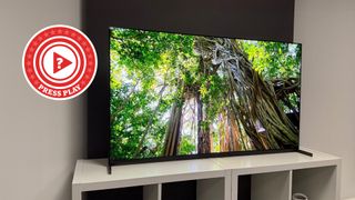 Sony Bravia 8 II on a TV stand showing a picture of a forest