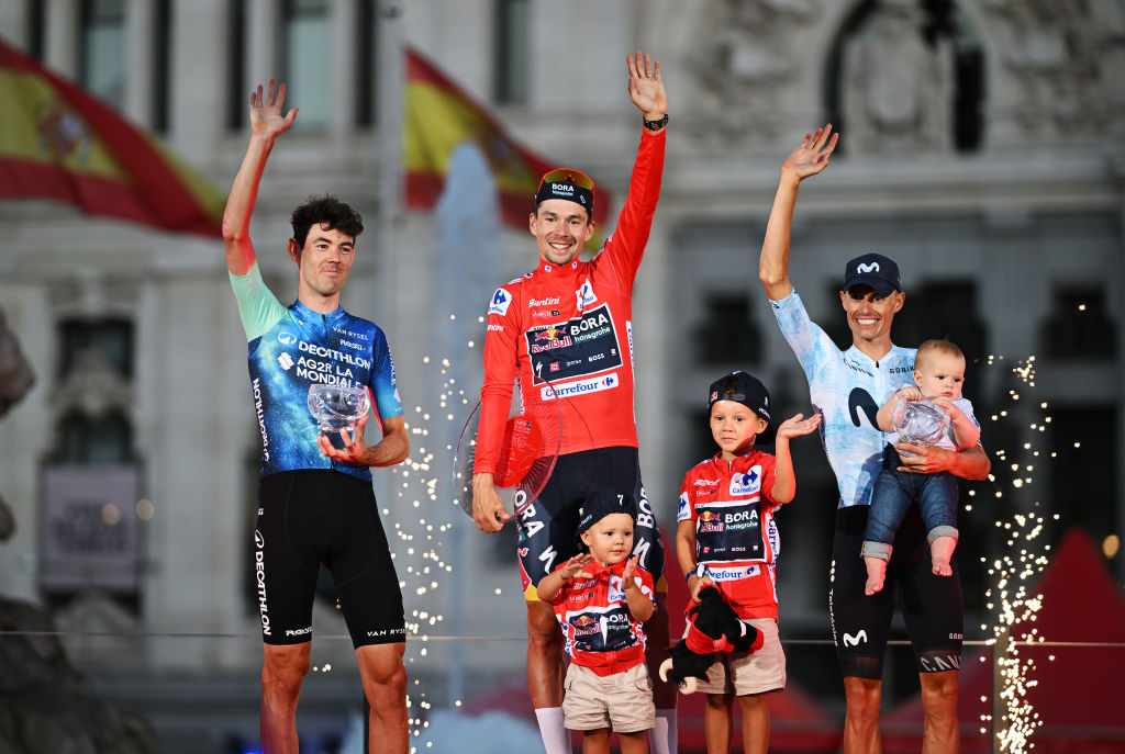2024 Vuelta a España: the final podium (L-R, Ben O'Connor, 2nd, Primo Roglič, 1st and Enric Mas, 3rd)