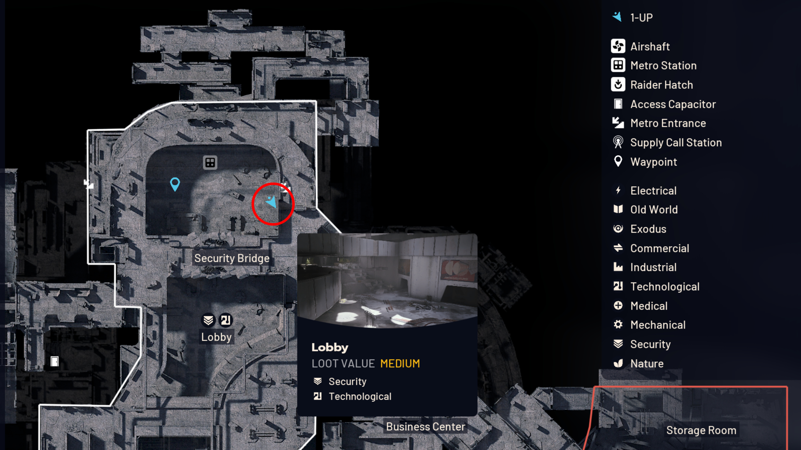 Arc Raiders On Deaf Ears: A map with a red circle highlighting the Security area of Stella Montis, where you'll find the reception computer.