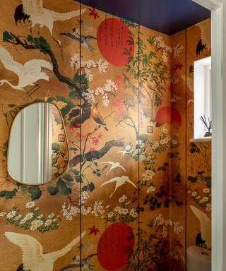 Rich vintage chinoiserie wallpaper in bathroom with Klein blue fifth wall